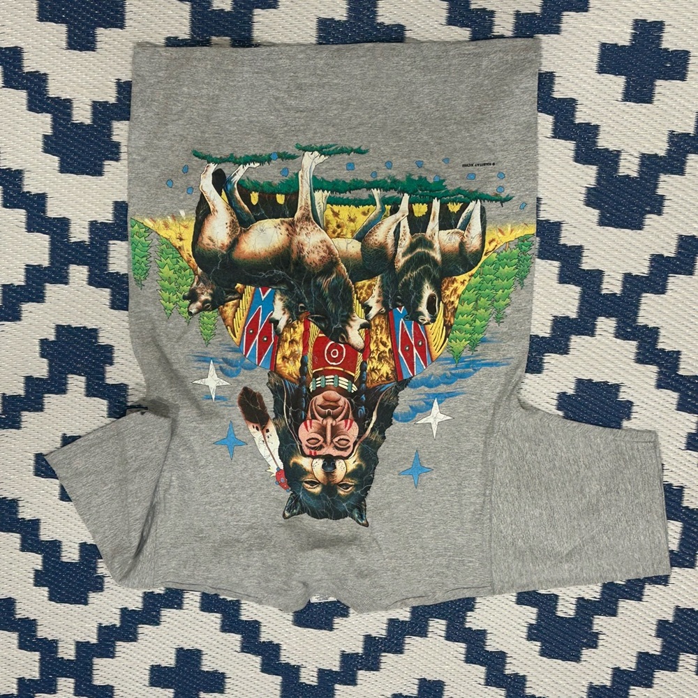 Vintage 90s Native American Grey Wolf T Nature Double Sided shirt Size Small New - Picture 2 of 3